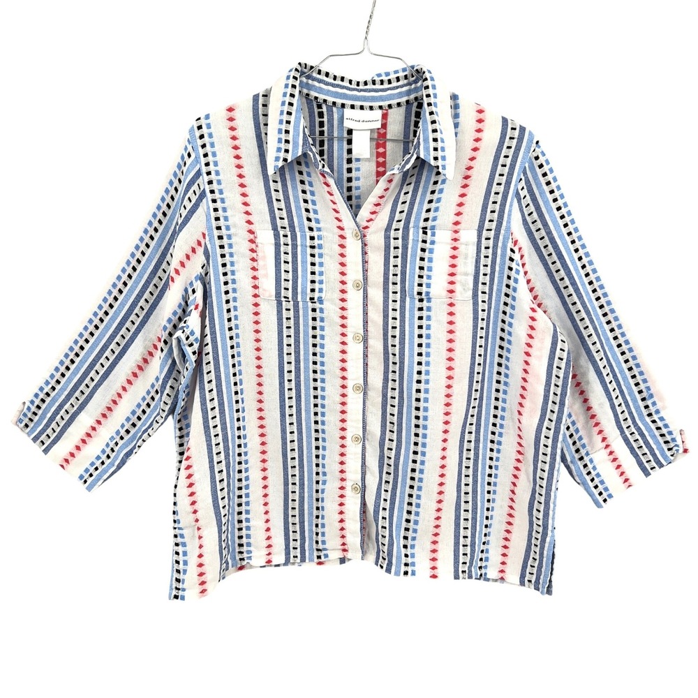 Alfred Dunner Womens‎ Button Up Gauze Shirt White Blue Red Striped Geometric XL